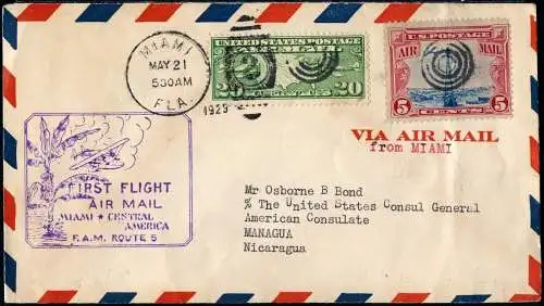 USA 1929 Erstflugbrief Miami - Nicaragua First Flight Cover Cachet / 125
