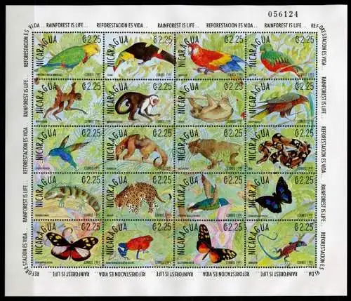 Nicaragua 1991 Vögel Schmetterlinge Schlangen Affen Wildkatzen 3089-3108 MNH