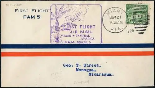 USA 1929 Erstflugbrief Miami - Nicaragua First Flight Cover / 124