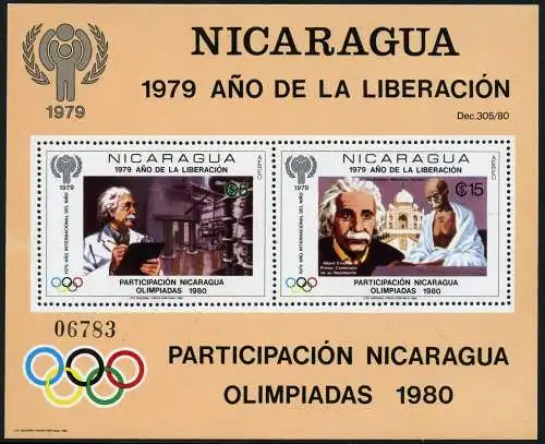 Nicaragua 1980 Albert Einstein Mahatma Gandhi Olympiade Block 113 MNH / 1002