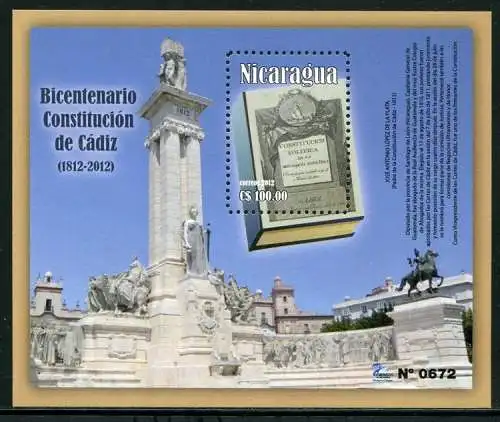 Nicaragua 2012 Verfassung von Cadiz Denkmal Geschichte Monument Block MNH