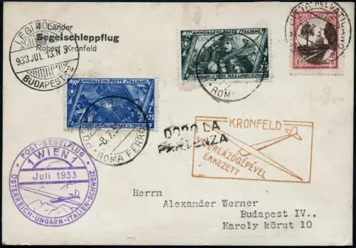 Vatikan 1933 Kronfeld Segelschleppflug MiF Italien Wien Rom Budapest Karte / 855