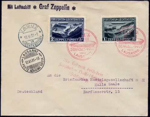 Zeppelin 1931 Liechtenstein Vaduz Lausanne Satzfrankatur Halle Si 110 C / 2319