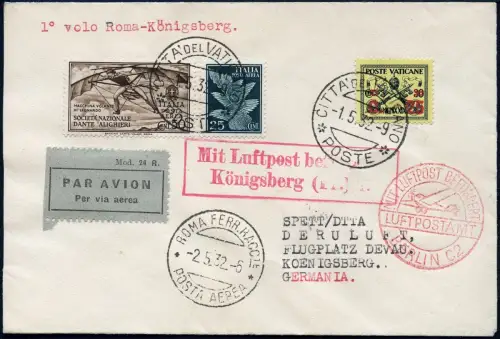 Vatikan 1932 Erstflugbrief First Flight Cover FFC MiF Italien Rom Königsberg/842