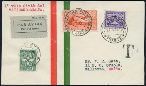 Vatikan 1931 First Flight Erstflug Brief FFC MiF Italien Rom Malta Tax/ 844