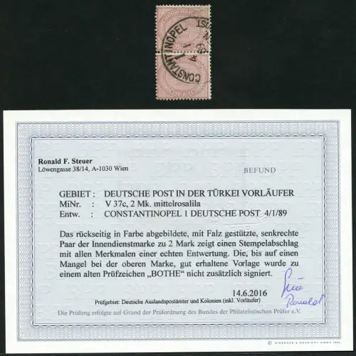 DP Türkei 1889 Innendienst Paar V 37c ° Constantinopel Befund Steuer BPP / 2