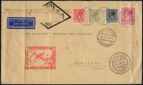DO-X 1931 Niederlande Brief MiF Rio New York Konsulat Harms 14 c DOX / 1024