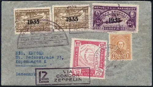 Zeppelin 1935 Paraguay 16. SAF 1. Pendelfahrt Reko-Brief Dänemark Si 332 / 2230