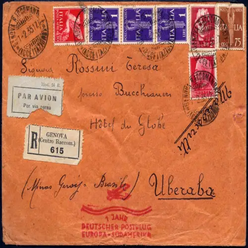 Katapult 1935 Italien Reko-Brief 1 Jahr Postflug Genua Uberaba Catapult 356/ 983