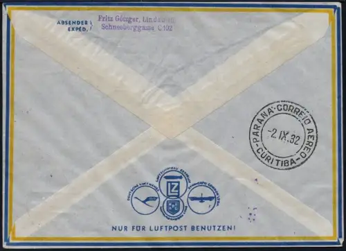 Zeppelin 1932 Schweiz 5. SAF Brief Romanshorn Curitiba Brasilien Si 171 / 2130