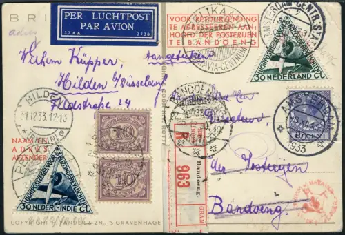 Niederlande 1933 Erstflugkarte Doppel-Reko Niederländisch-Indien Deutschland/ 40