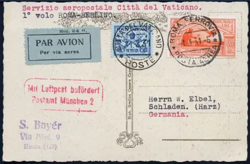 Vatikan 1931 Erstflugkarte First Flight Card FFC MiF Italien Rom Berlin / 838