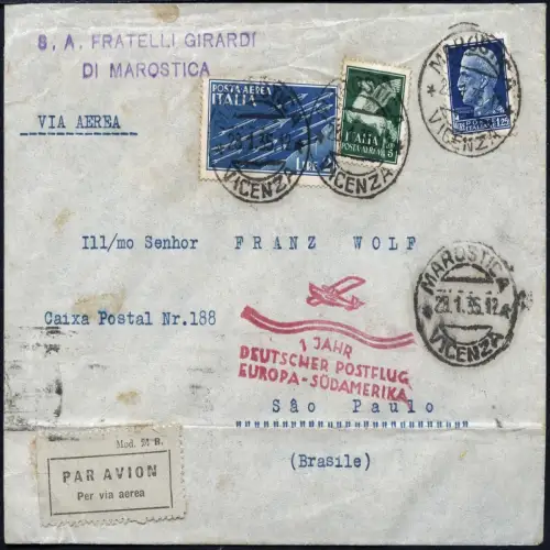 Katapult 1935 Italien Brief 1 Jahr Postflug Vicenza Sao Paulo Catapult 356 / 920