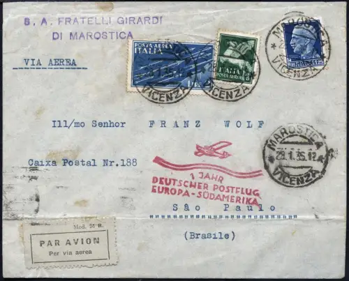 Katapult 1935 Italien Brief 1 Jahr Postflug Vicenza Sao Paulo Catapult 356 / 920