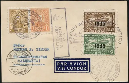Zeppelin 1935 Paraguay 3. SAF Reko-Postkarte Asuncion F´hafen Si 298 / 2143