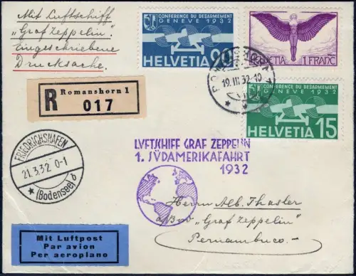 Zeppelin 1932 Schweiz 1. SAF Brief Romanshorn F`hafen Pernambuco Si 138 / 2124