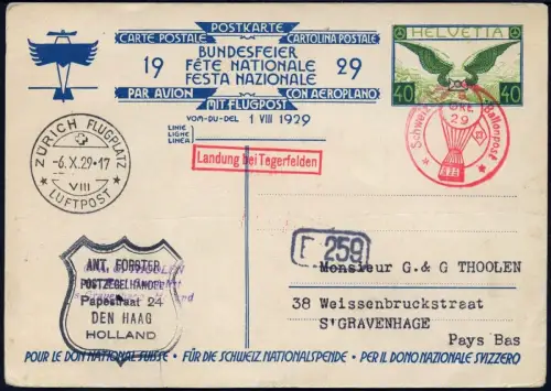 Schweiz 1929 Bundesfeier-PK Ballonpost Tegerfelden S`Gravenhage Niederlande/ 557