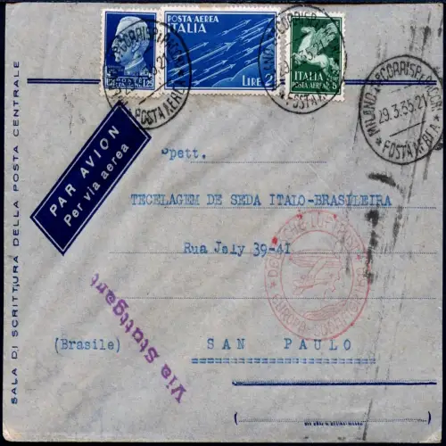 Katapult 1935 Italien Brief Mailand Via Stuttgart Sao Paulo Catapult 372 / 921