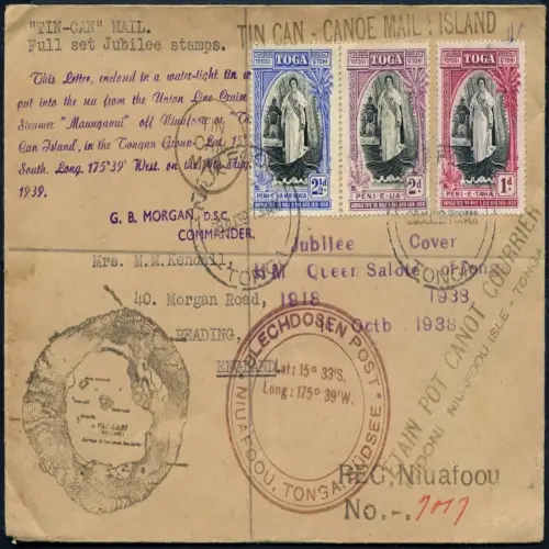 Tonga 1939 Tin Can Mail Blechdosenpost Reko-Brief Königin Salote England / 1037