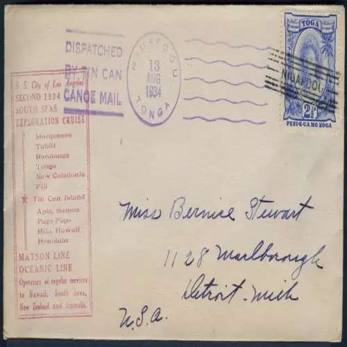 Tonga 1934 Tin Can Mail Blechdosenpost Brief Niuafo`ou USA / 1038