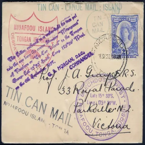 Tonga 1937 Tin Can Mail Blechdosenpost Niuafo`ou Victoria Australien / 1039