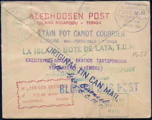 Tonga 1937 Tin Can Mail Blechdosenpost Niuafo`ou Victoria Australien / 1039
