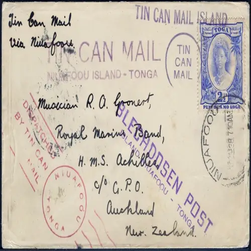 Tonga 1938 Tin Can Mail Blechdosenpost Brief Niuafo`ou Auckland Neuseeland /1040