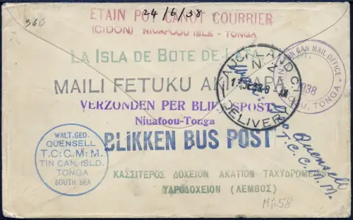 Tonga 1938 Tin Can Mail Blechdosenpost Brief Niuafo`ou Auckland Neuseeland /1040