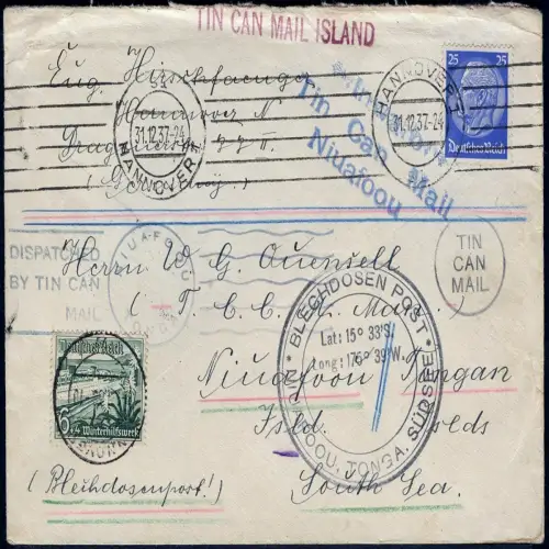 Dt. Reich 1937 Tin Can Mail Blechdosenpost Brief Hannover Niuafo`ou Tonga/ 1041