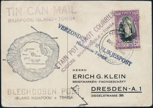 Tonga 1939 Tin Can Mail Blechdosenpost Karte Niuafo`ou Dresden Quensell / 1042