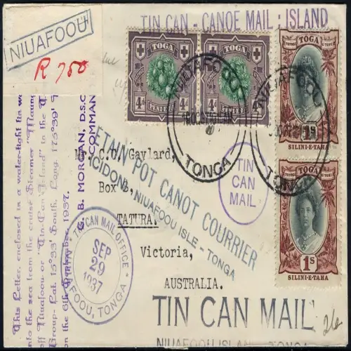 Tonga 1937 Tin Can Mail Blechdosenpost Reko-Bf Niuafo`ou Tatura Australien/ 1043