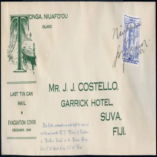 Tonga 1946 Tin Can Mail Blechdosenpost Brief Niuafo`ou Suva Fiji / 1045