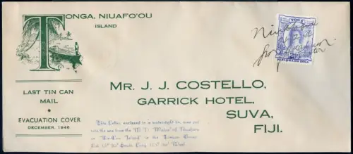 Tonga 1946 Tin Can Mail Blechdosenpost Brief Niuafo`ou Suva Fiji / 1045
