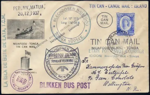 Tonga 1937 Tin Can Mail Blechdosenpost Niuafo`ou Graf Luckner Konsulat NZ / 1040
