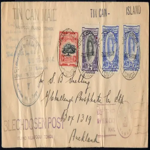 Tonga 1936 Tin Can Mail Blechdosenpost Brief Niuafo`ou Auckland Neuseeland /1047