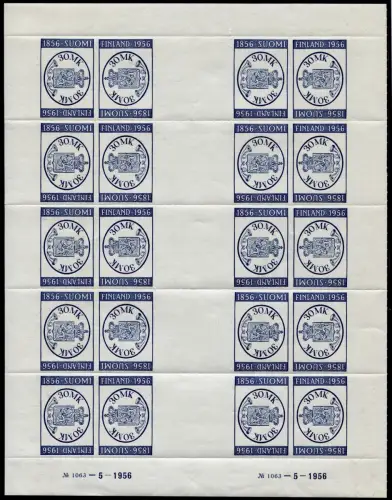 Finnland Finland 1956 100 Jahre Briefmarken FINLANDIA Kpl. Bogen 457 Postfrisch