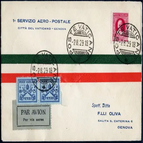 Vatikan 1929 Erstflugbrief First Flight Cover Rom Genua MiF Papst Wappen / 835