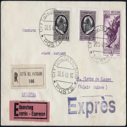 Vatikan 1940 Reko/Express-Brief MiF Papst/Presse St. Pierre de Clages / 899