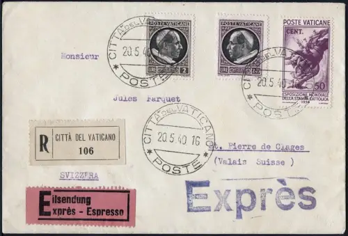 Vatikan 1940 Reko/Express-Brief MiF Papst/Presse St. Pierre de Clages / 899