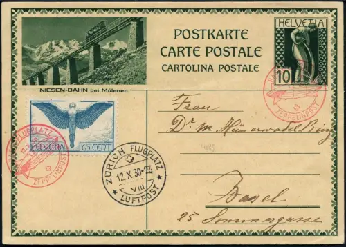 Zeppelin 1930 Schweiz Zeppelinpost Ganzsache ZuF Basel Zürich Si 95 / 2114