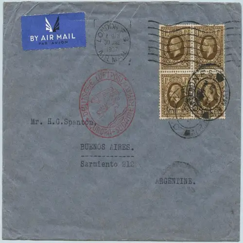 Katapult Grossbritannien 1937 Brief London Frankfurt Buenos Aires Catpult / 449