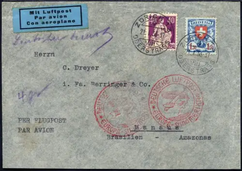 Katapult 1936 Schweiz Zürich Manaus Brasilien Brief MiF Catapult 434 / 929