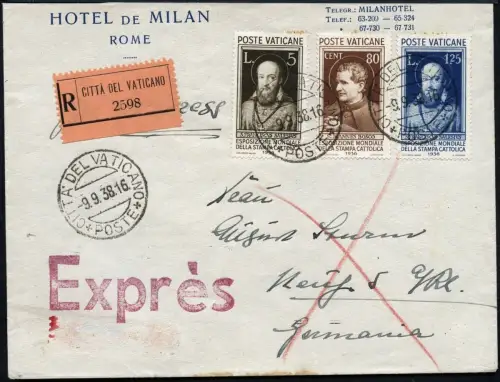 Vatikan 1938 Reko/Express-Brief Katholische Presse Neuss Deutschland / 896