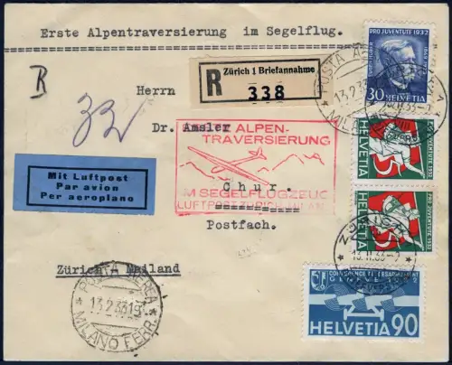 Schweiz 1933 Segelflugpost 1.Alpenüberquerung Mailand Chur Reko-Brief / 569
