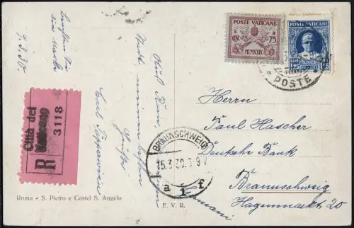 Vatikan 1930 Reko-Ansichtskarte Engelsburg MiF nach Braunschweig / 836