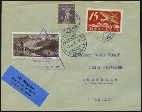Schweiz 1926 Erstflug Leysin Lausanne Brief mit Flugpost-Vignette / 547