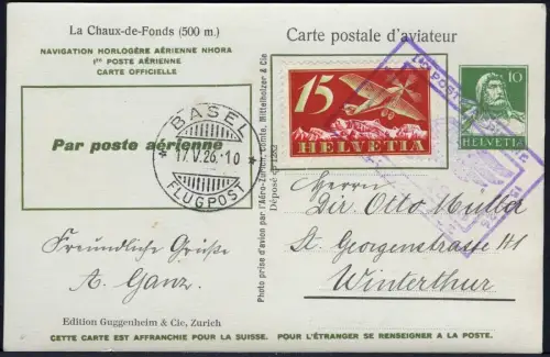 Schweiz 1926 Erstflug La Chaux-de-Fonds Bale Ganzsache Basel Winterthur / 546