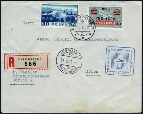 Schweiz 1938 Pro Aero Sonderflug Swissair Bellinzona Arbon Reko-Brief / 574