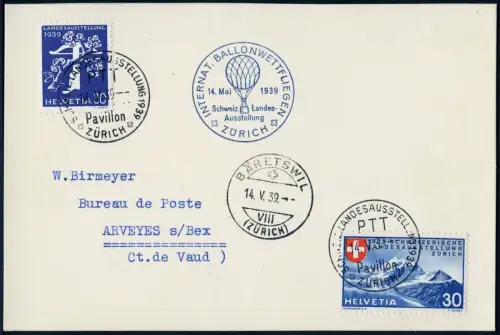 Schweiz 1939 Ballonpost Zürich Landesausstellung Bäretswil Arveyes Karte / 576