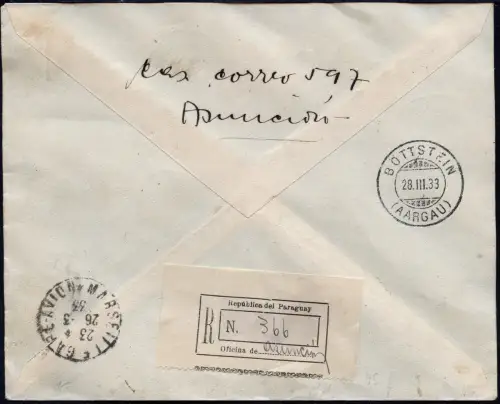 Paraguay 1933 Reko-Brief Luftpost Air France Asuncion Böttstein Schweiz / 1050